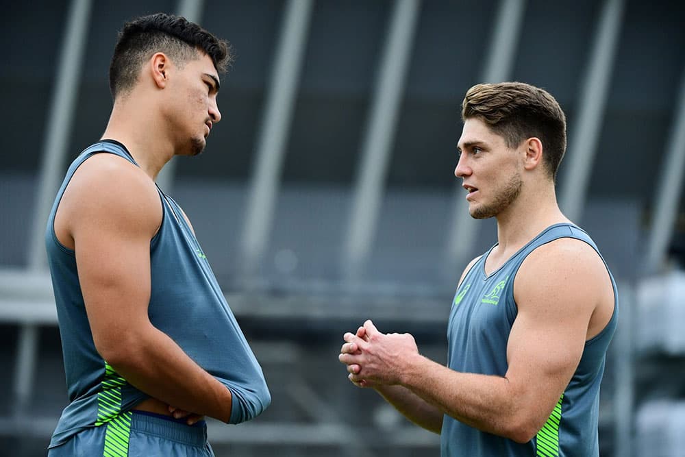 Jordan Petaia and James O'Connor chat at Wallabies training in Japan. Photo: Stu Walmsley