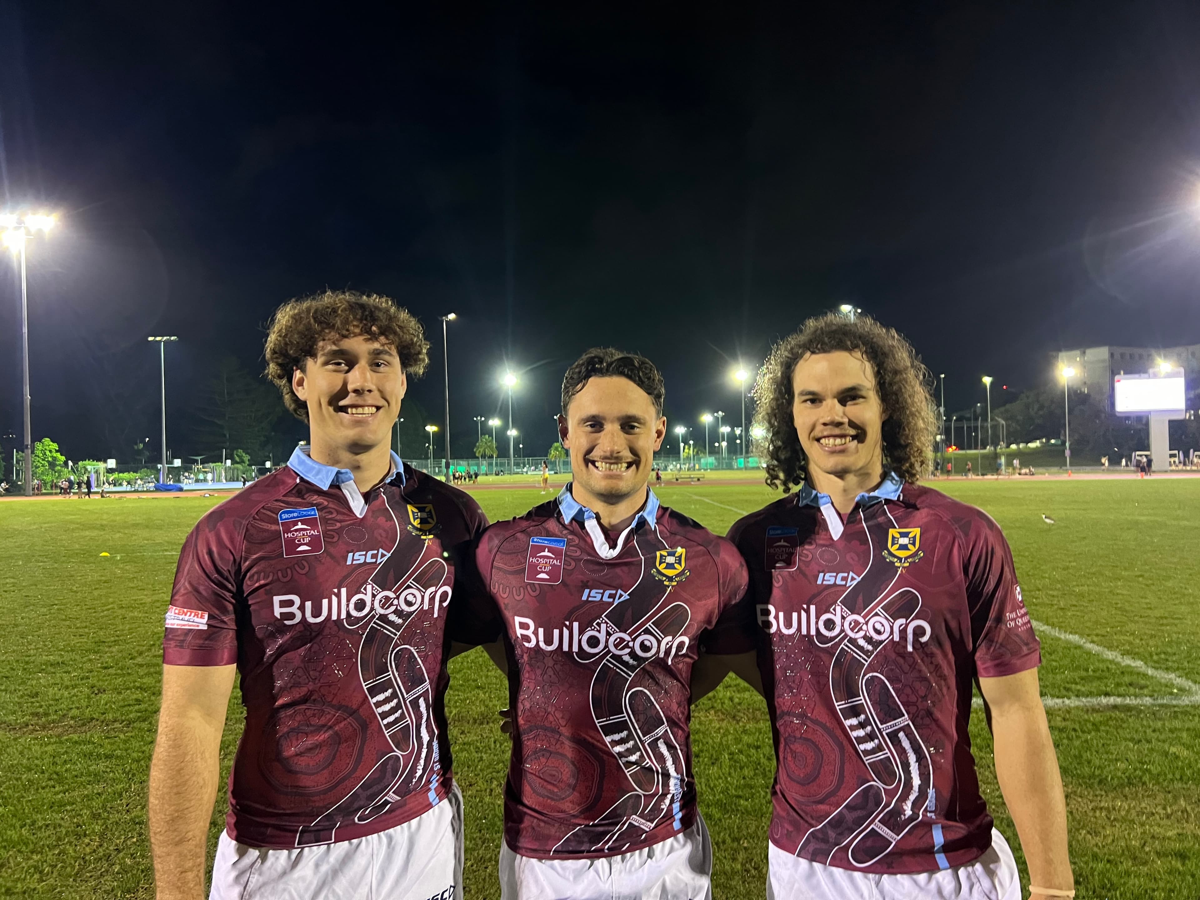 The Oates brothers (from left) Chace, BJ and Kye wearing UQ's 2024 Indigenous jersey