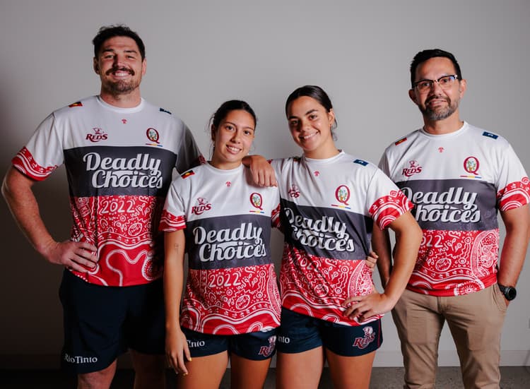 Indigenous role models in Queensland Rugby show off the Deadly Choices Health Check shirt...(from left) Reds forward Connor Vest, Sevens talents Rhani Hagan and Reese Orcher and QRU Board member Selwyn Button