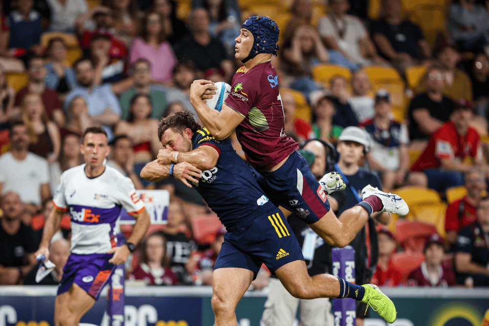 Josh Flook leaps to score at Suncorp Stadium. Photo: QRU Media/Brendan Hertel.