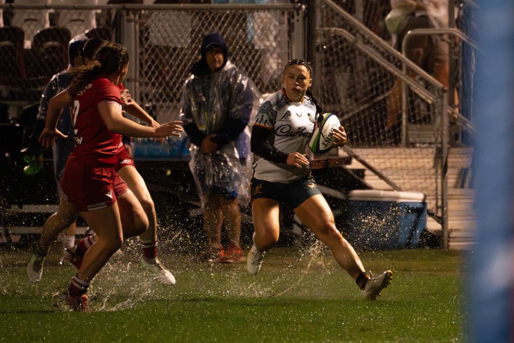 The Wallaroos went down to Canada in wet Sacramento. Photo: Andrew Flakelar/Wallaroos Media