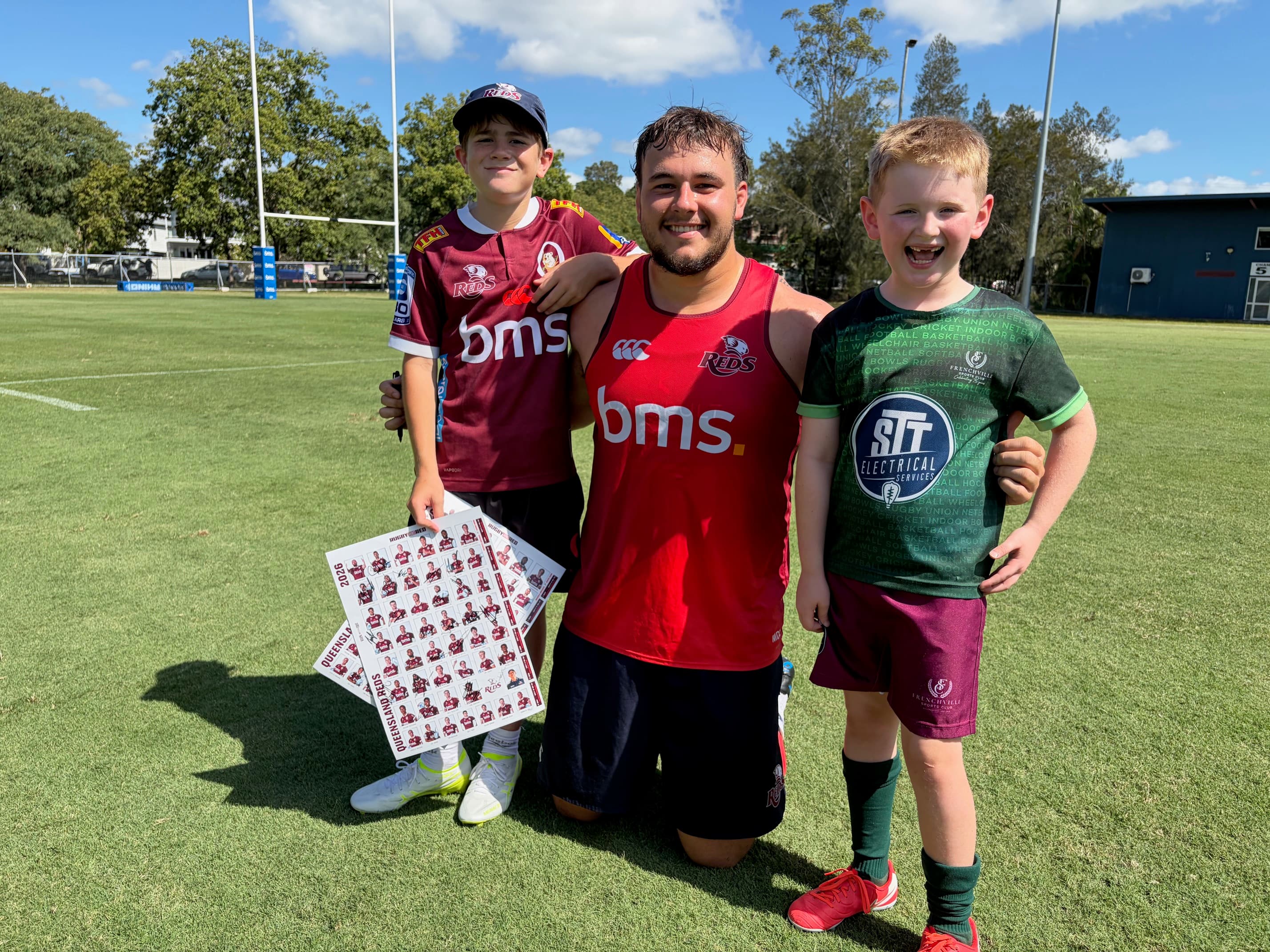 Moranbah Bull Harry Kerr, 11, (left) and Frenchville Rugby Club's Darcy Wallenhoffer, 8, flank prop Massimo De Lutiis at Reds training today