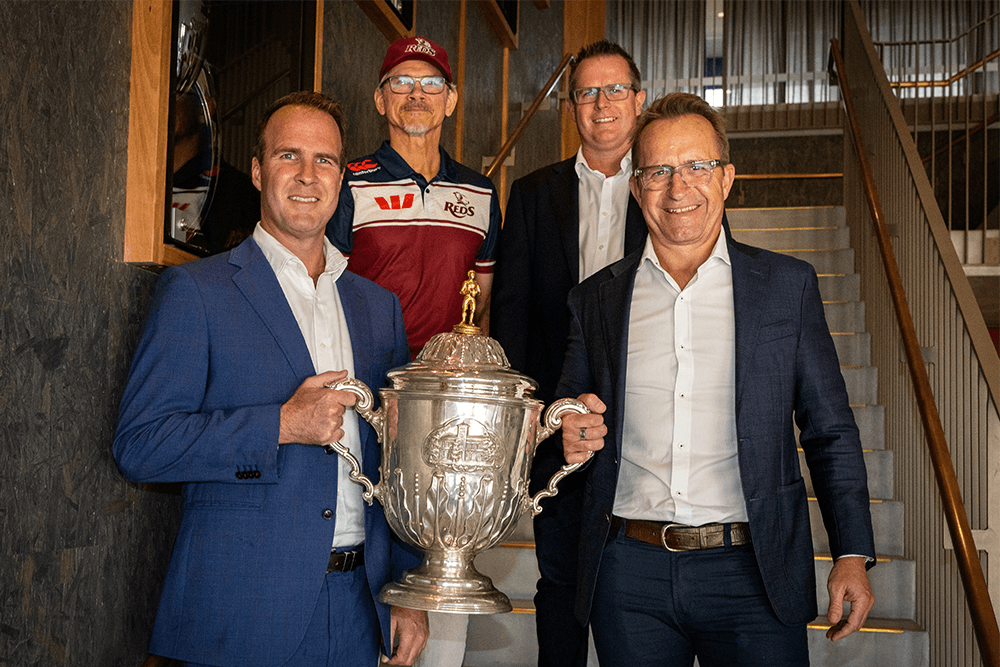 QRU CEO David Hanham, StoreLocal co-founder and CEO Hans Pearson, StoreLocal co-founder and COO Mark Greig and Queensland Reds head coach Les Kiss at Ballymore. Photo - QRU Media.