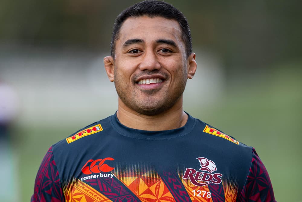 Prop Sef Fa'agase proudly wearing the Reds' Pasifika warm-up shirt. Photo: Stefan Ahfuni