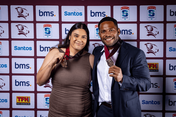 Medal glow...Pilecki Medal-winner Filipo Daugunu and Shannon Parry Medal-winner Eva Karpani at the Reds Awards night. 