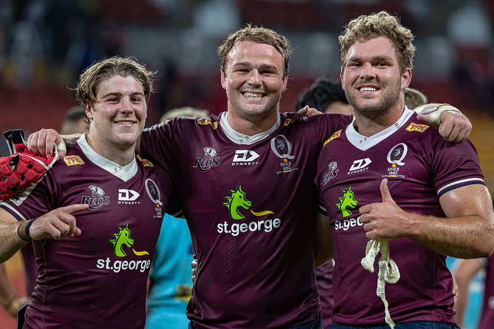 Queensland Reds backrow trio Fraser McReight, Harry Wilson and Angus Scott-Young. Photo: QRU/Brendan Hertel