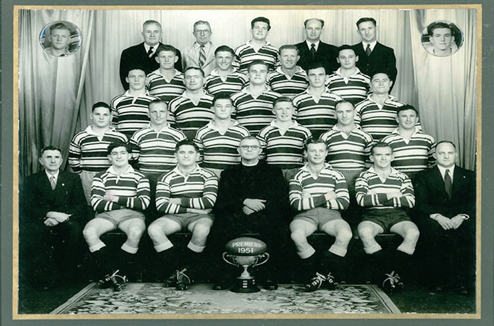 Roy Elmer (third-row, far left) and the 1951 premiership winning Brothers team. Photo: Brothers Rugby Club