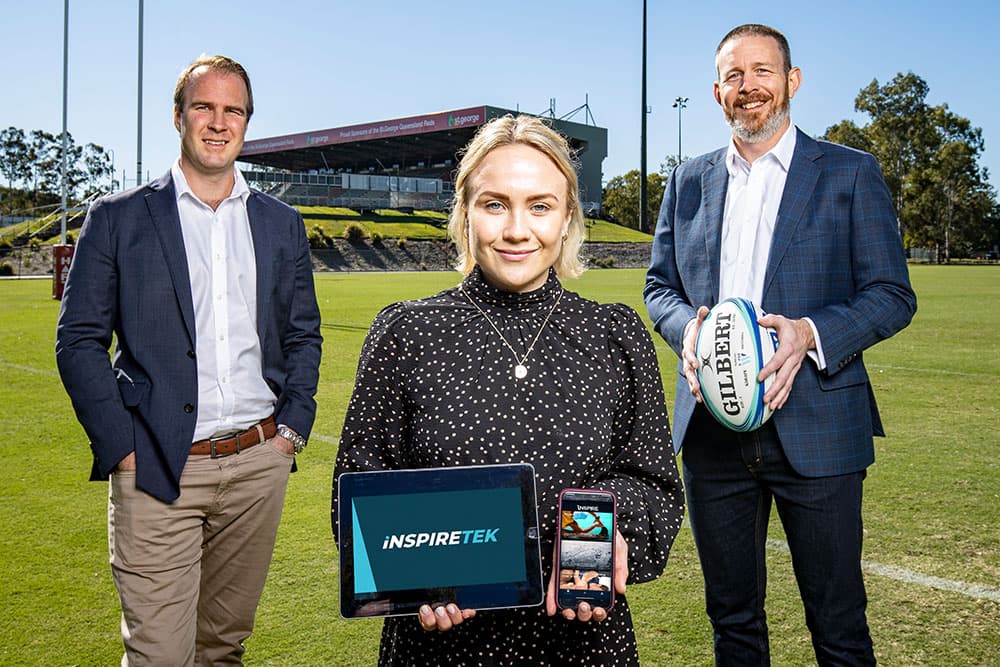 QRU CEO David Hanham, iNSPIRETEK founder Annie Flamsteed and iNSPIRETEK CEO Robert Donaghue at Ballymore. Photo: QRU/Brendan Hertel