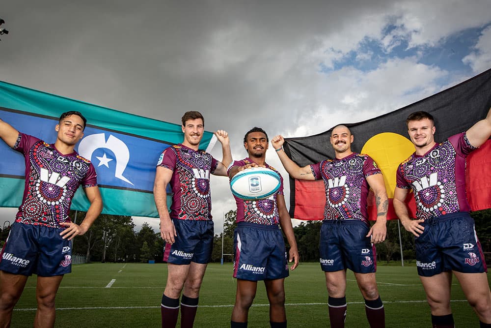 2022 QRU Indigenous Ambassadors Kalani Thomas, Ryan Smith, Floyd Aubrey, Connor Vest and Isaac Henry at Ballymore. Photo: QRU/Brendan Hertel
