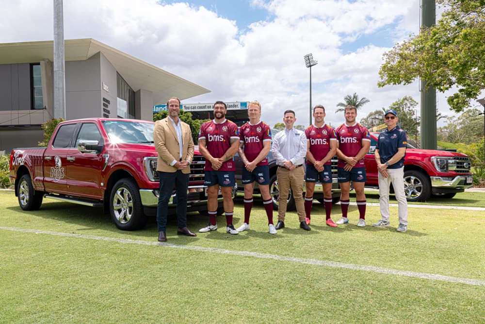 Ford Australia Director of Marketing Ambrose Henderson (centre) flanked by (from left) QRU Chief Executive Dave Hanham, players Jeffery Toomaga-Allen, Carter Gordon, Lachie Anderson and Massimo De Lutiis plus Reds Head Coach Les Kiss at today's partnership announcement