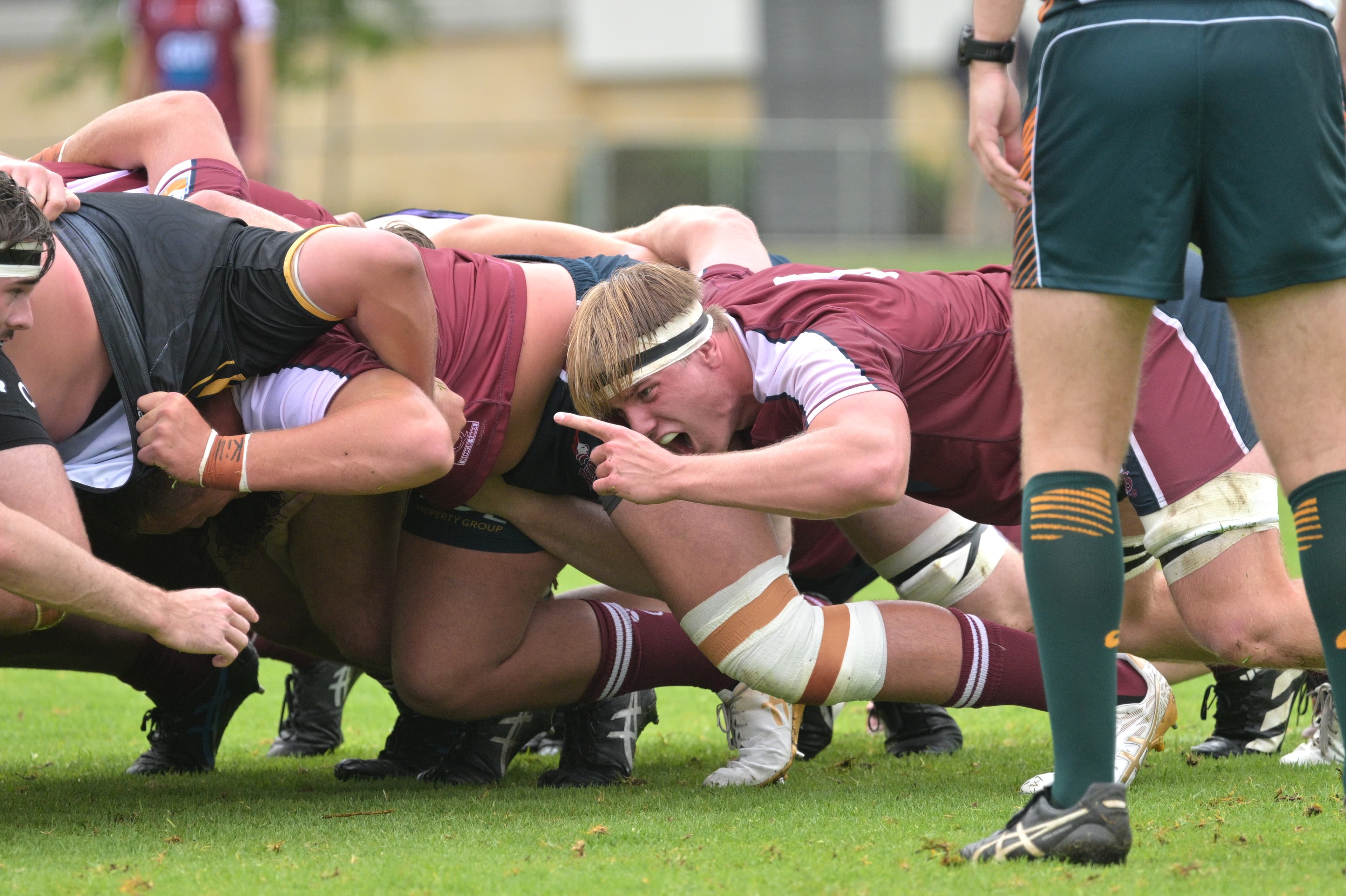 Reds U19s flanker Tom Robinson marshalling a strong scrum shunt in Perth.