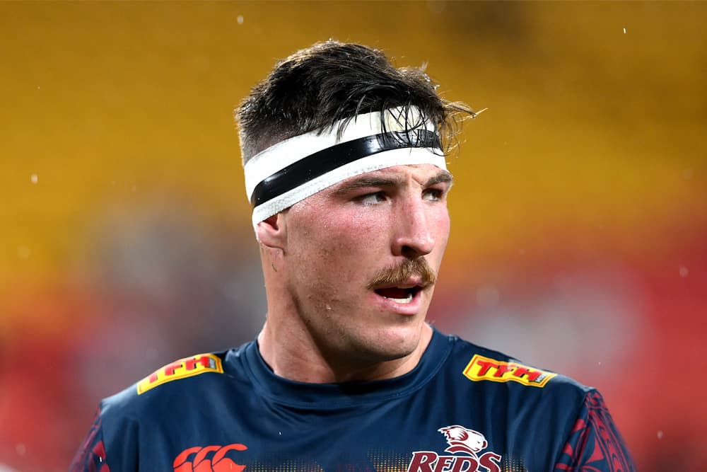 Ryan Smith of the Reds is seen during the warm up before the round one Super Rugby Pacific match between Queensland Reds and NSW Waratahs at Suncorp Stadium