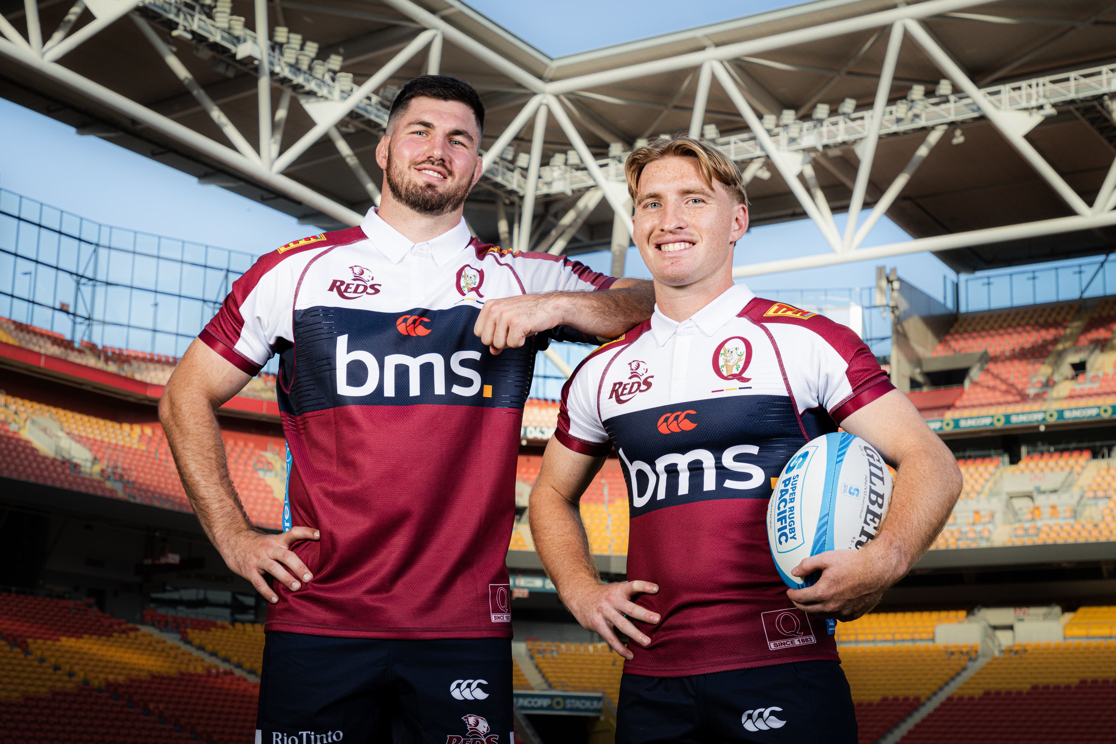 Liam Wright & Tate McDermott will reprise their Queensland Reds co-captaincy in 2025. Picture: QRU/Brendan Hertel