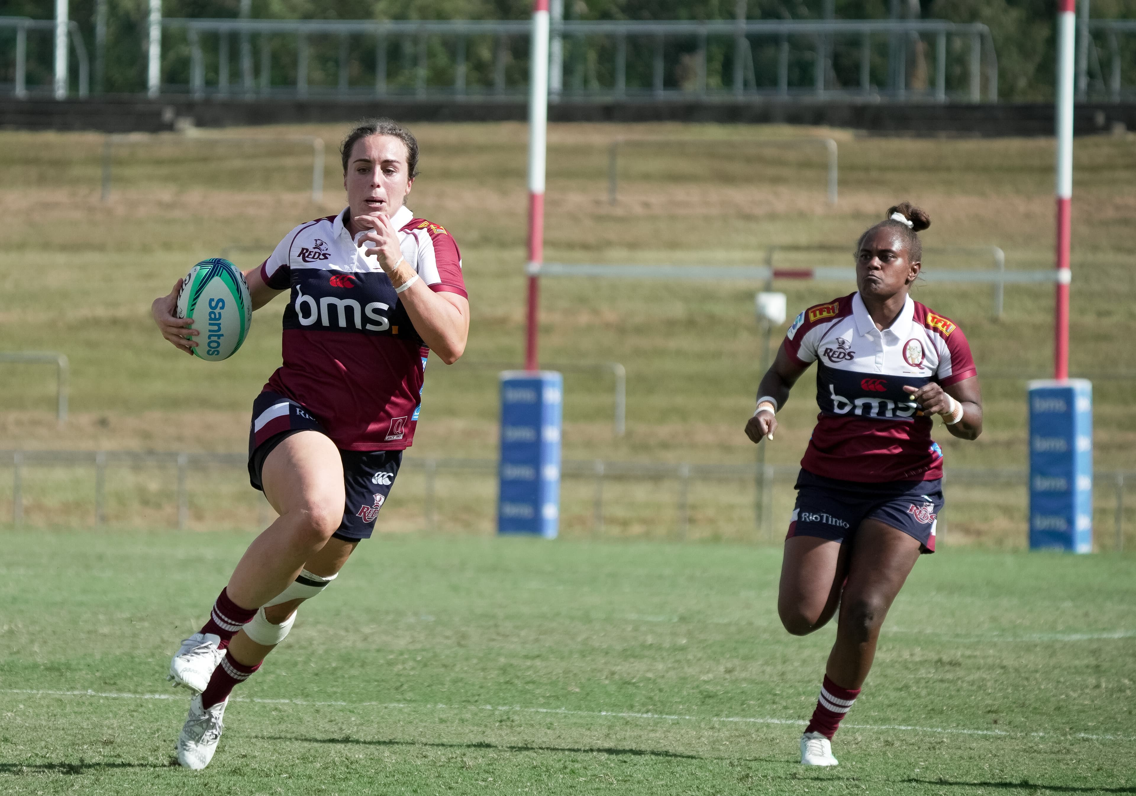 Reds hooker Tiarna Molloy on the way to the tryline against Penina Pasifika at Ballymore Stadium. Photo: Neha Kumar