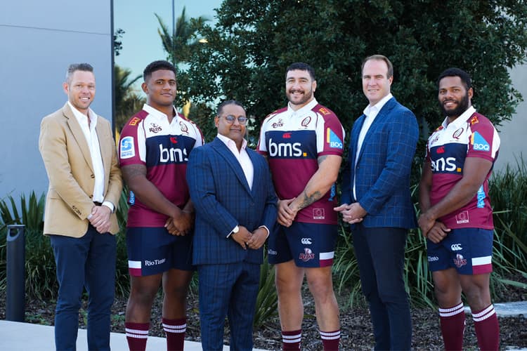 Niltech Consulting Founder Nilesh Singh (third from left) flanked by (from left) QRU Head of Commercial Pete Fairbairn, prop Trevor King, prop Jeffery Toomaga-Allen, QRU chief executive David Hanham and winger Filipo Daugunu.
