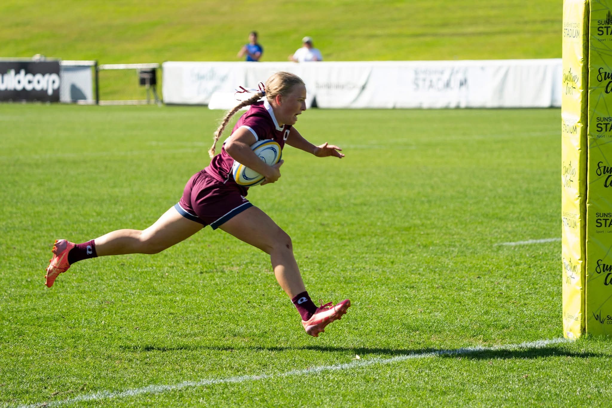 Try-time...sevens starlet Mia Byrnes scores the matchwinner for the Queensland U18s at the ASJRU Championships