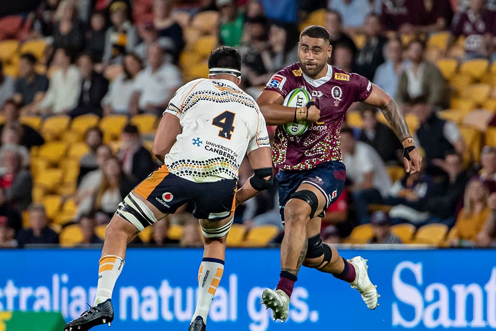 Lukhan Salakaia-Loto hitting the ball up against the Brumbies. Photo: QRU/Brendan Hertel