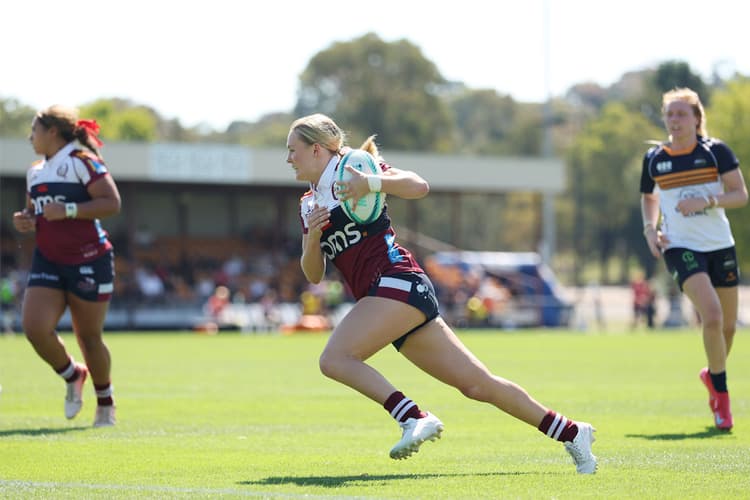 Reds debutant Piper Flynn on the fly to the tryline against the ACT Brumbies in Canberra