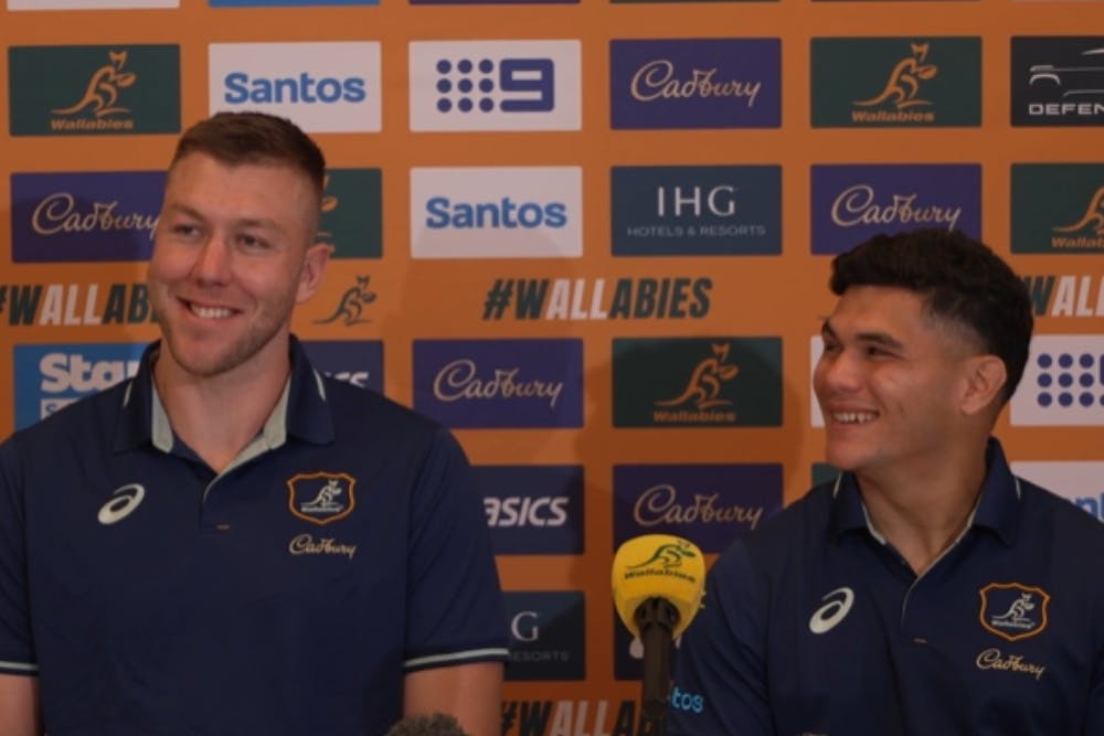 Old school teammates Angus Blyth (left) and Noah Lolesio (right) reconnecting in Wallabies camp