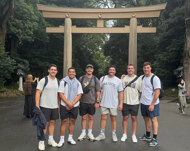 Reds (from left) Josh Nasser, Sef Fa'agase, Connor Vest, Jeffery Toomaga-Allen, Joe Brial and Ryan Smith on their walk to the Meiji Jingu shrine in Tokyo