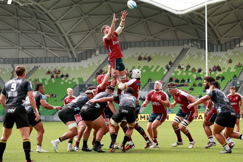 Liam Wright of the Reds wins a line-out ball during the round two Super Rugby Pacific match between Hurricanes and Queensland Reds at AAMI Park, on March 03, 2024, in Melbourne, Australia. (Photo by Kelly Defina/Getty Images)