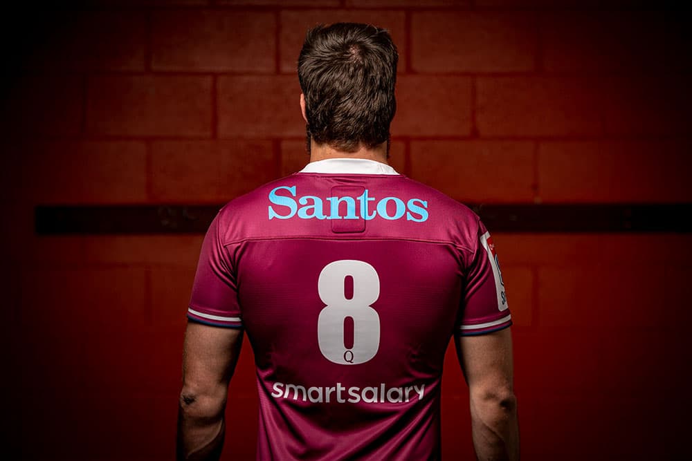 Liam Wright showing off the new 2020 St.George Queensland Reds jersey. Photo: QRU/Brendan Hertel