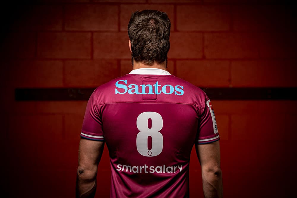 Liam Wright showing off the new 2020 St.George Queensland Reds jersey. Photo: QRU/Brendan Hertel