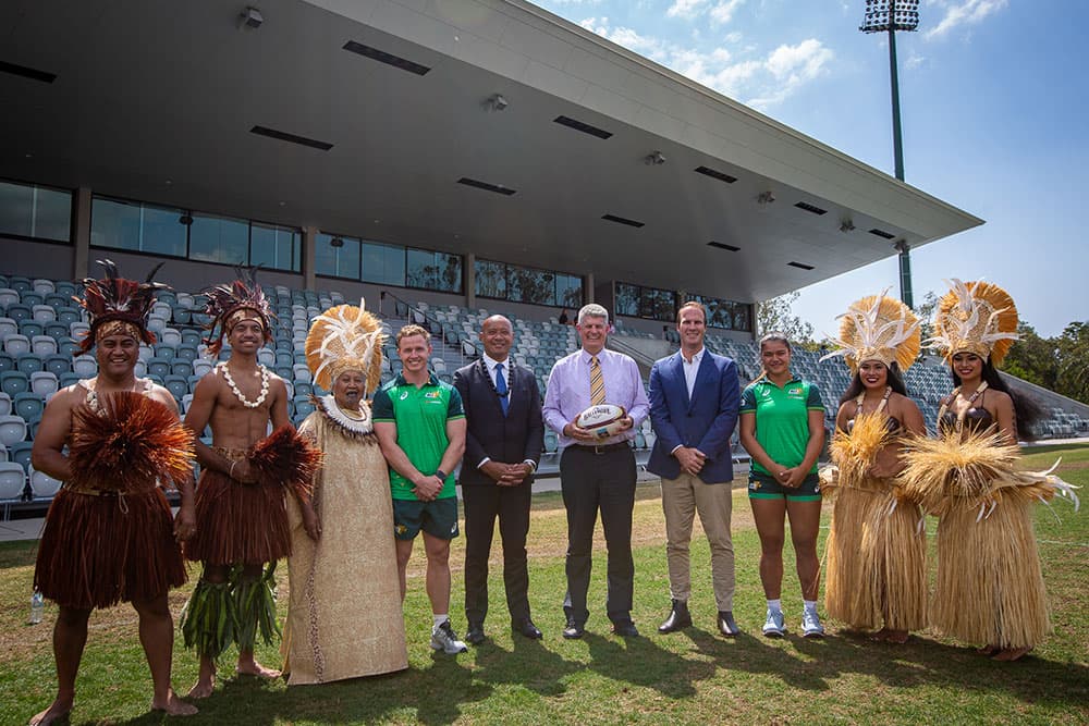 Henry Hutchison, Frank Puletua, Hon Stirling Hinchliffe, David Hanham and Alysia Lefau-Fakaosilea alongside Pacifica dancers at Ballymore. Photo: QRU Media/Tom Mitchell