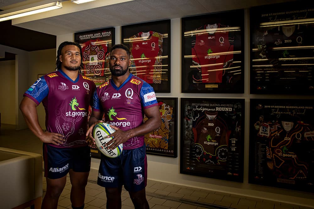 QRU Indigenous Program Ambassadors Brandon Paenga-Amosa and Moses Sorovi at the State Library of Queensland. Photo: Brendan Hertel/QRU