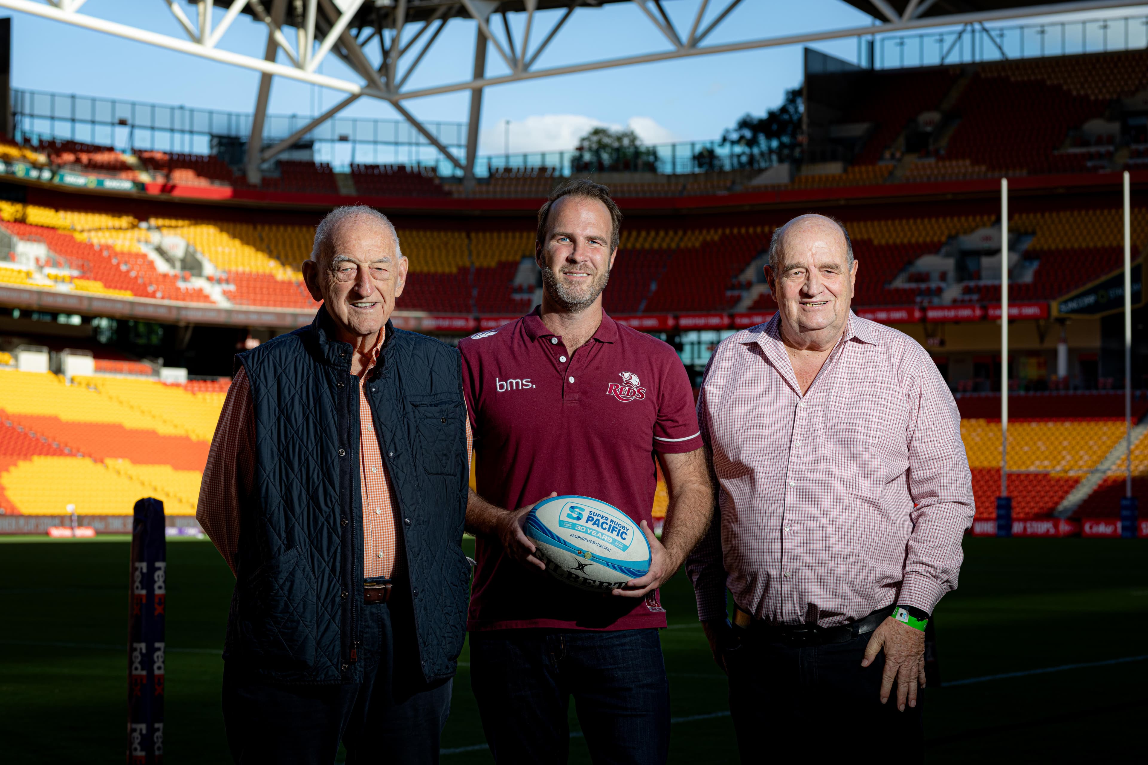  Gullivers Chairman Kevin Maloney (left) and General Manager of Events Mike Jones (right) with QRU Chief Executive David Hanham at Suncorp Stadium