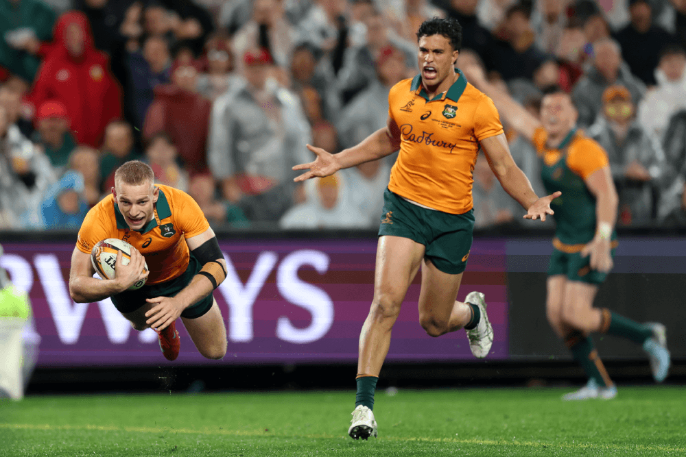 Joseph-Aukuso Suaalii has been enjoying linking up with Max Jorgensen in the Wallabies backline. Source: Getty