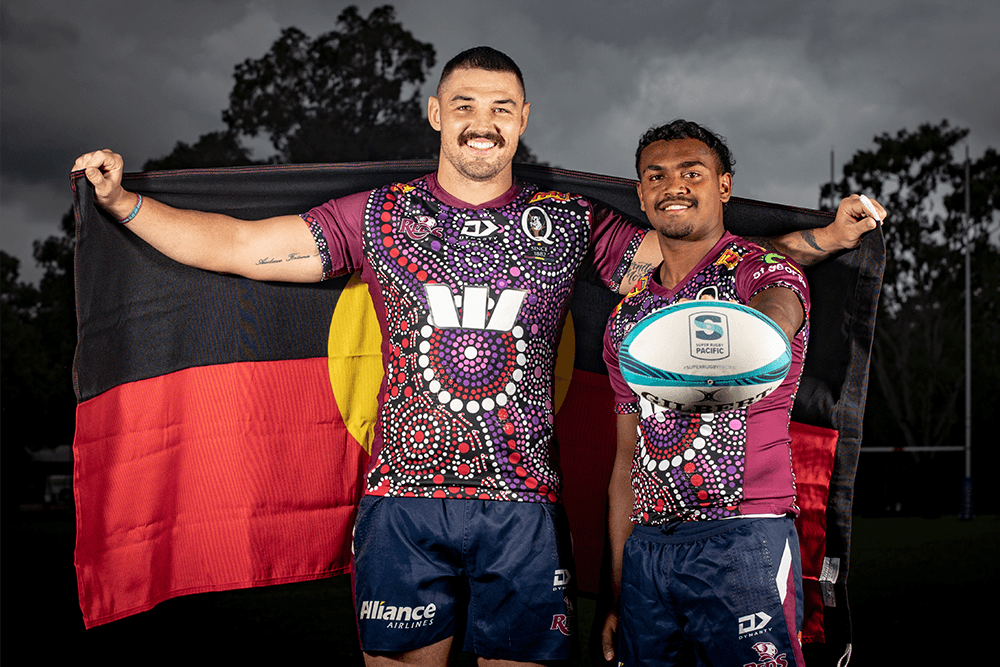 QRU Indigenous Ambassadors Connor Vest and Floyd Aubrey model the 2022 Reds Indigenous jersey. Photo: QRU Media/Brendan Hertel. 
