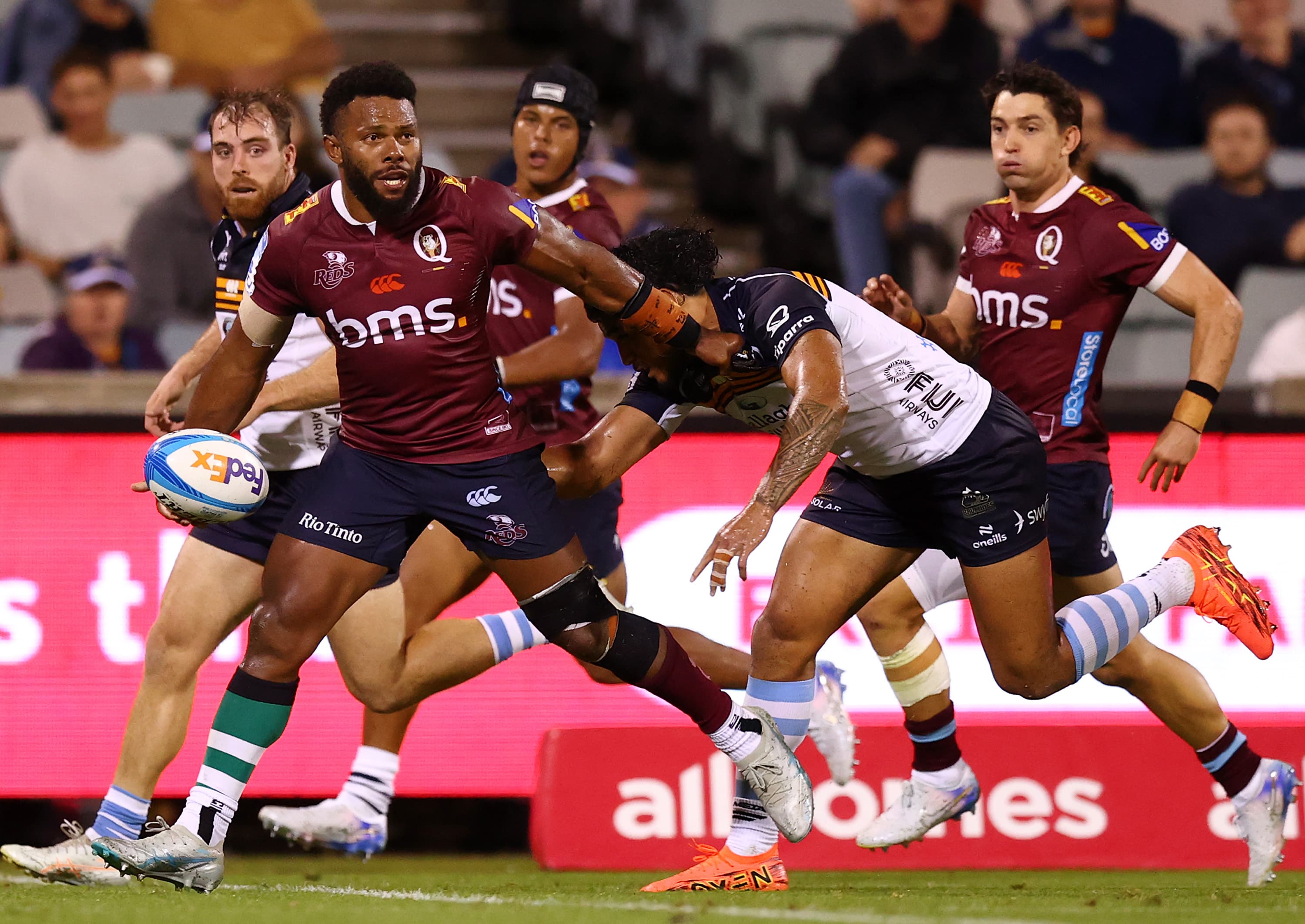 Filipo Daugunu on the charge for the Reds in Canberra. Photo: Mark Nolan, Getty Images