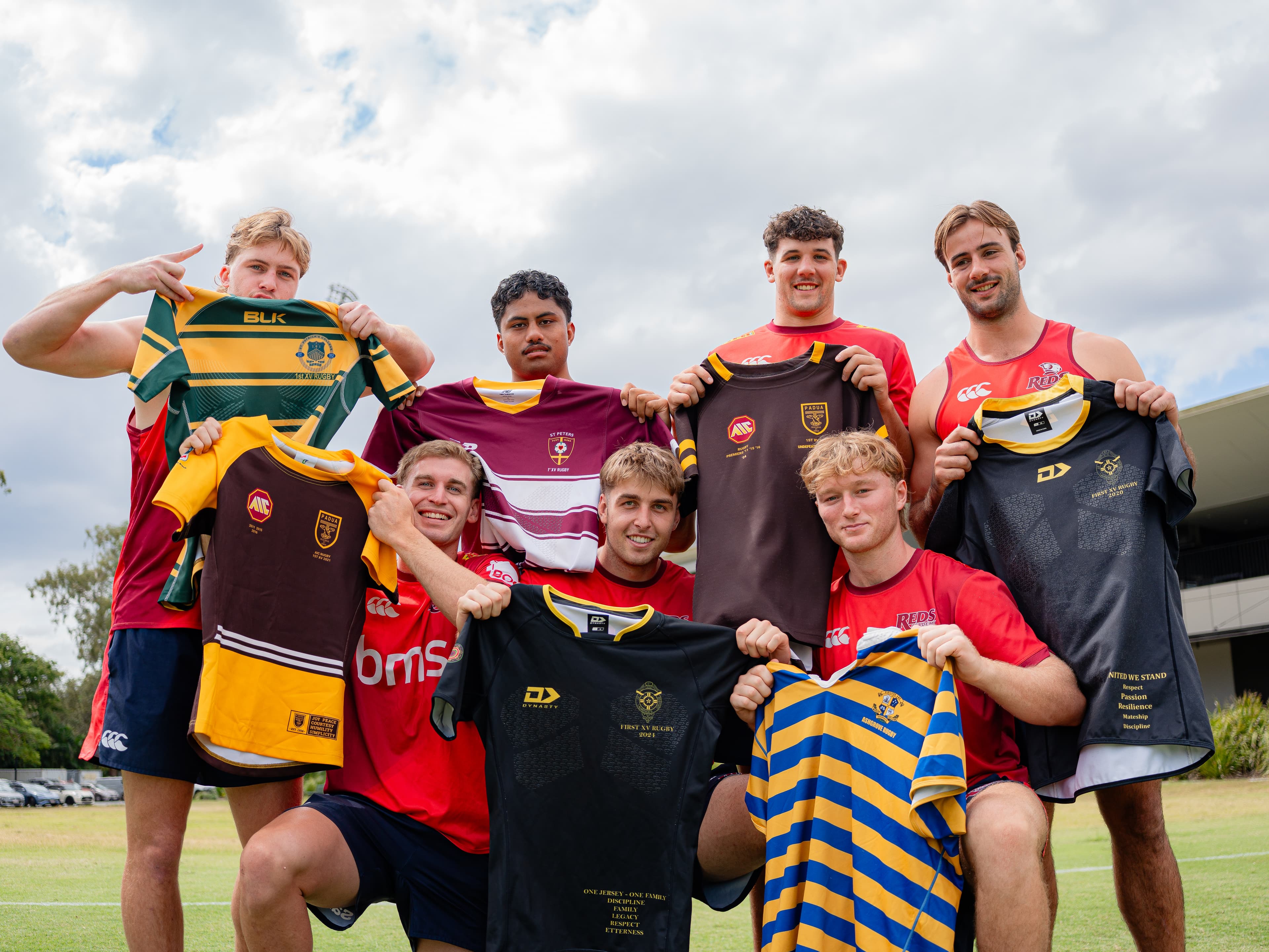 AIC products at the Reds... (from left) Tim Ryan (St Patrick’s College, Shorncliffe), Will McCulloch (Padua College) Vaiuta Latu (St Peters Lutheran College ), Finn Mackay (St Laurence’s College), Will Ross (Padua College), Academy product Tom Howard (Marist College Ashgrove) and John Bryant (St Laurence’s College). Photo: Neha Kumar 
