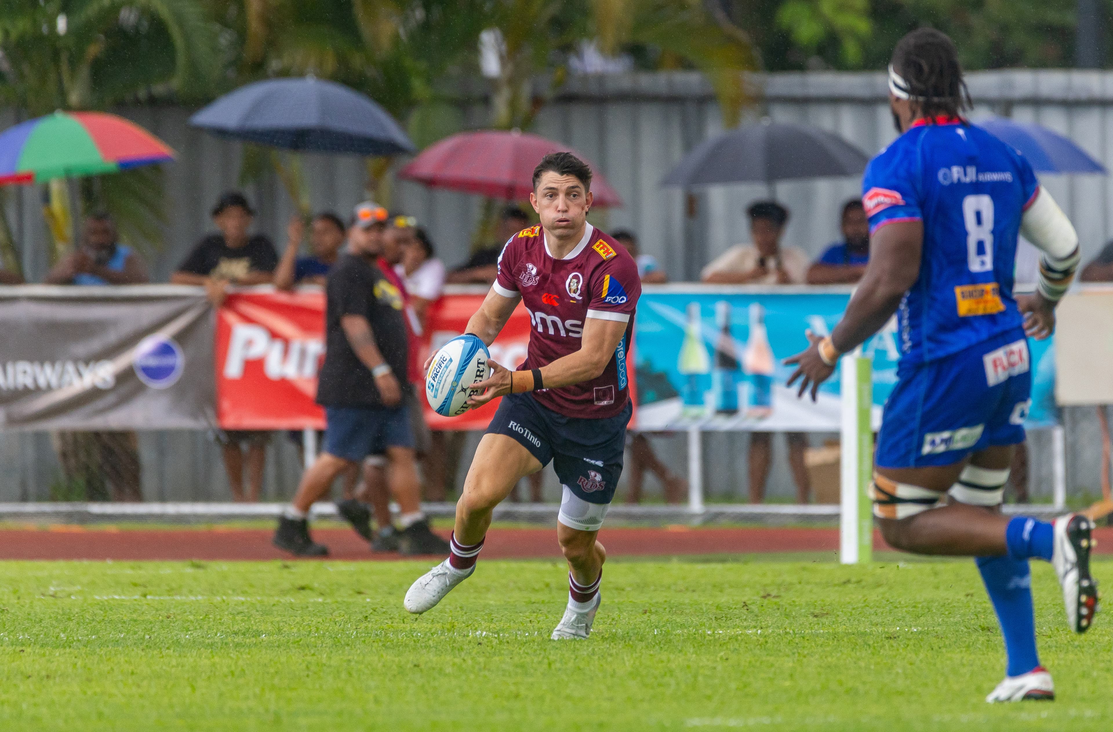 Jock Campbell on the charge for the Reds in Lautoka where he celebrated his 100th game with a win. Photo: Pita Simpson, Getty Images