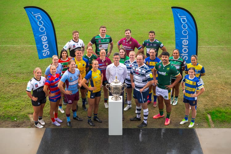 StoreLocal National Partnerships Manager Leigh Tovey with club representatives of the StoreLocal Challenge Cup and StoreLocal Hospital Cup at Ballymore.