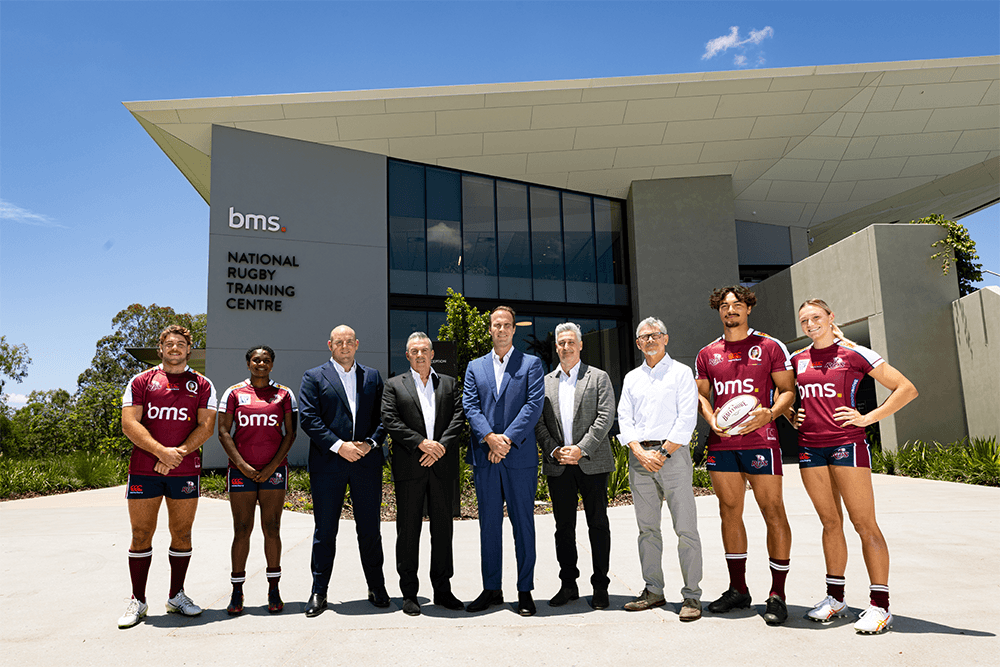 Fraser McReight, Renae Nona, Stephen Moore, Andrew Godden, David Hanham,  Peter Apolakiatis, Les Kiss, Jordan Petaia and Maddison Levi at the BMS National Rugby Training Centre. Photo: Brendan Hertel.