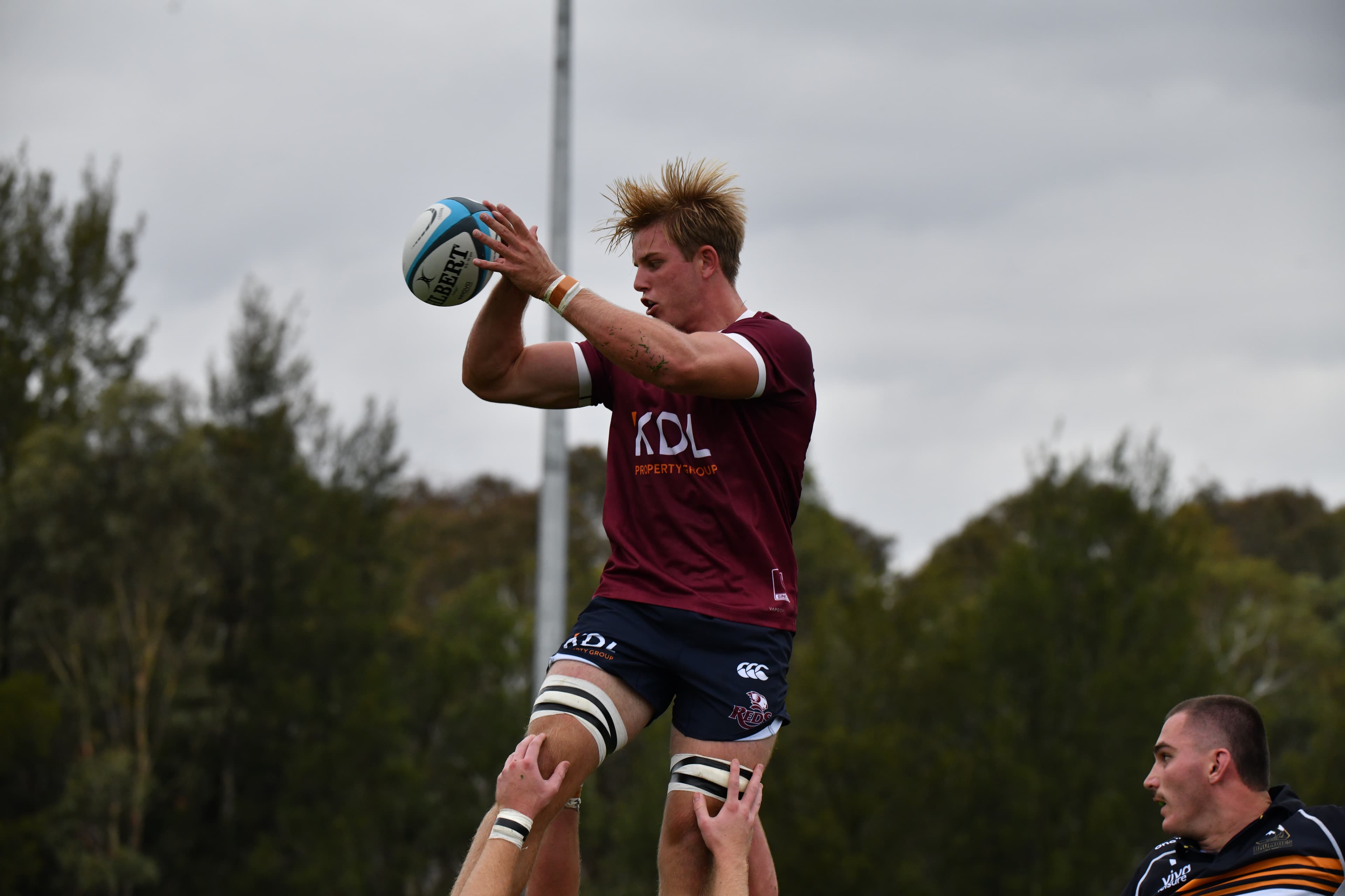 Reds Next Gen skipper Tom Robinson winning lineout ball in Canberra today