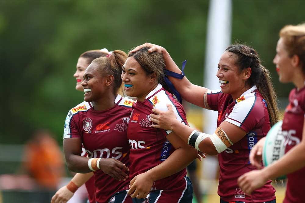 Shalom Sauaso of the Reds celebrates a try during the round one Super Rugby Women's match between Queensland Reds and Fijian Drua at Ballymore Stadium