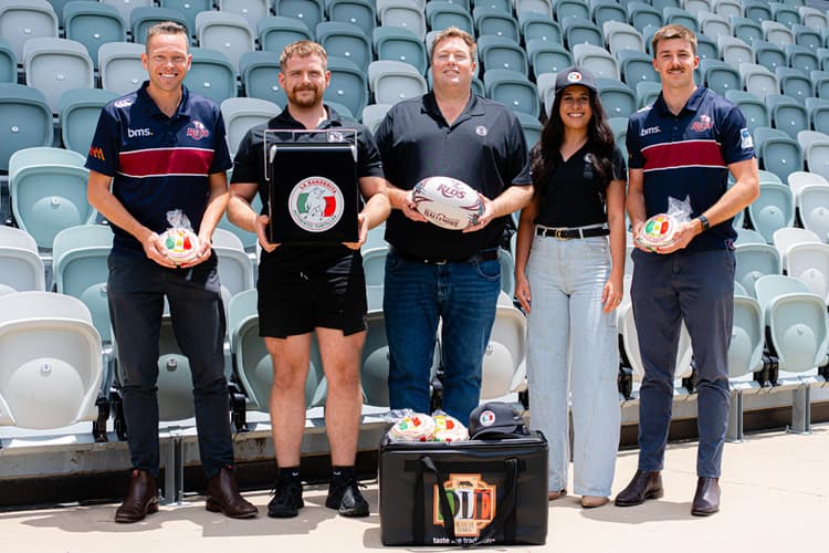 La Banderita Managing Director Stu Richardson (third from left) shares the partnership extension announcement with (from left) QRU Head of Commercial & Consumer Pete Fairbairn, La Banderita's Distribution & Logistics Manager Lewis Arbuthnott, La Banderita Market Development Manager Caitlin Kent and QRU Commercial Development Officer Tom Maher at Ballymore Stadium.