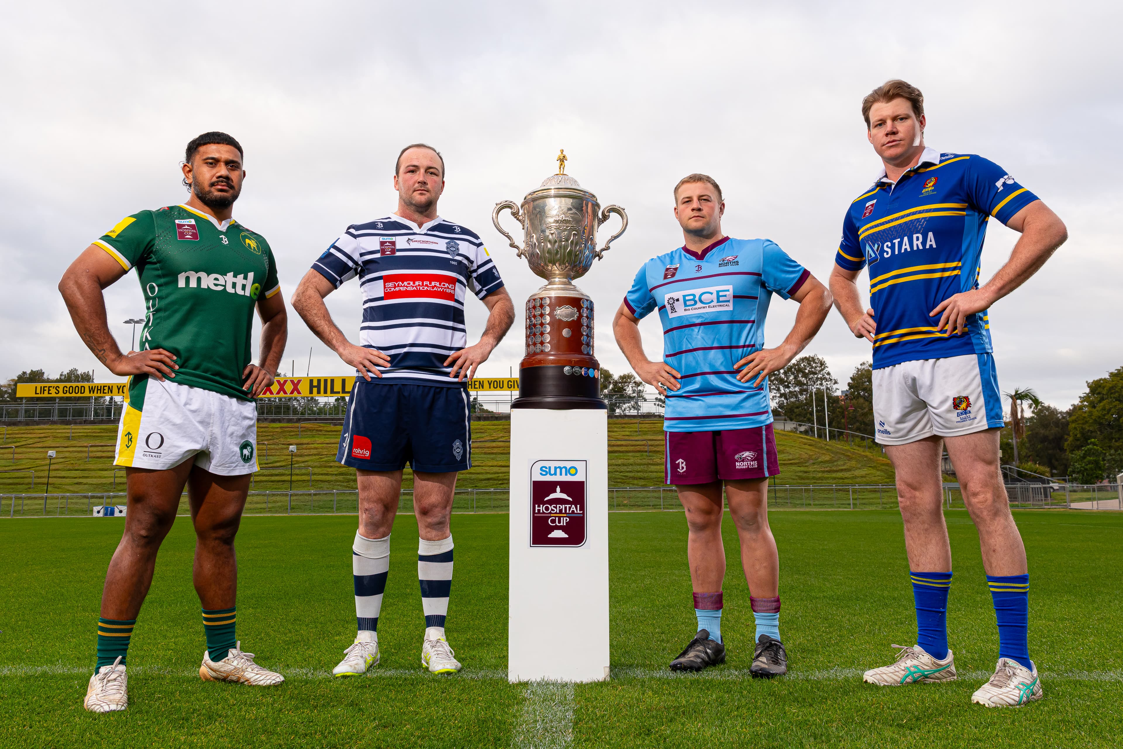 Eyes on the prize...(from left) captains Leopino Maupese (Wests), Will Wilson (Brothers), Josh Mongard (Norths) and Will Sankey (Easts) with the Sumo Energy Hospital