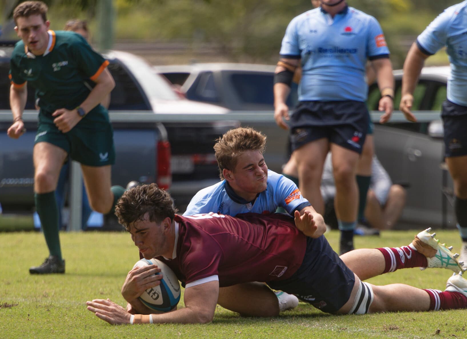 Reds Under-18s lock Jack Calleja plunges over for his try against NSW at David Wilson Field. Photo: Aaaron Schultz