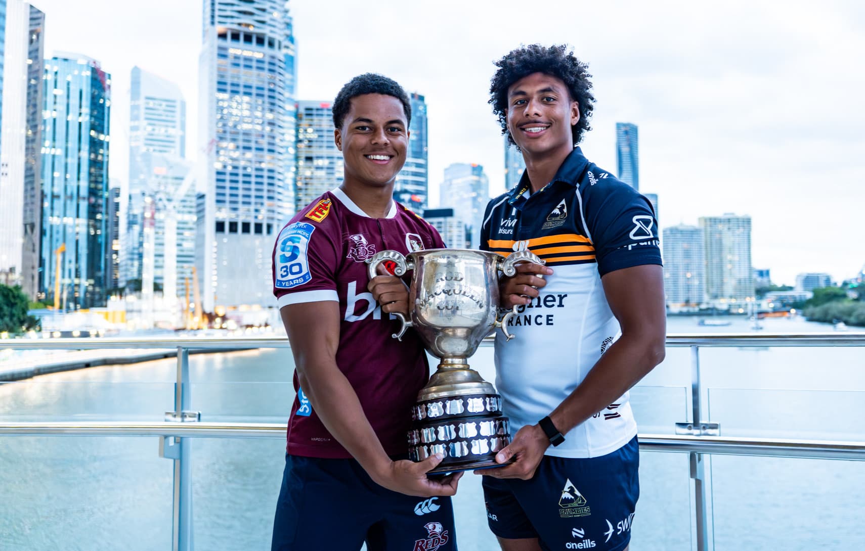 Sibling rivalry with the Rod Macqueen Cup on the line for Treyvon (left) and Kadin Pritchard. Photo: Courtesy Connar Fife, Brumbies Media
