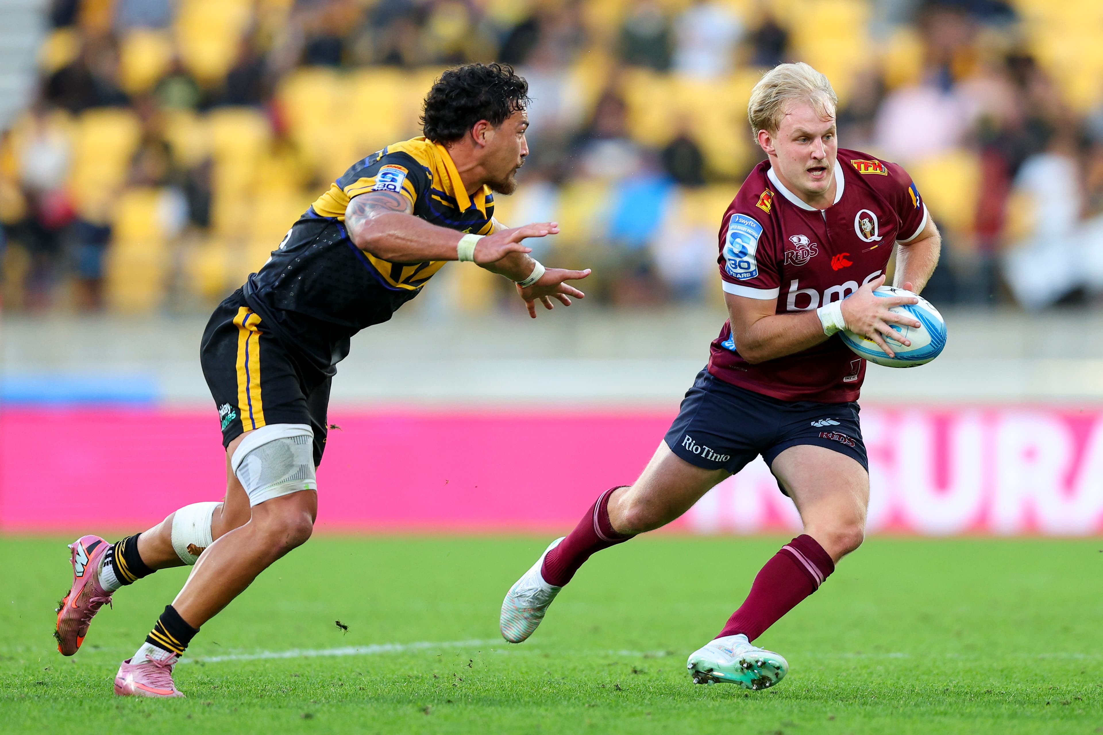 Tom Lynagh making his return off the bench against the Hurricanes in Wellington. Photo: Hagen Hopkins, Getty Images