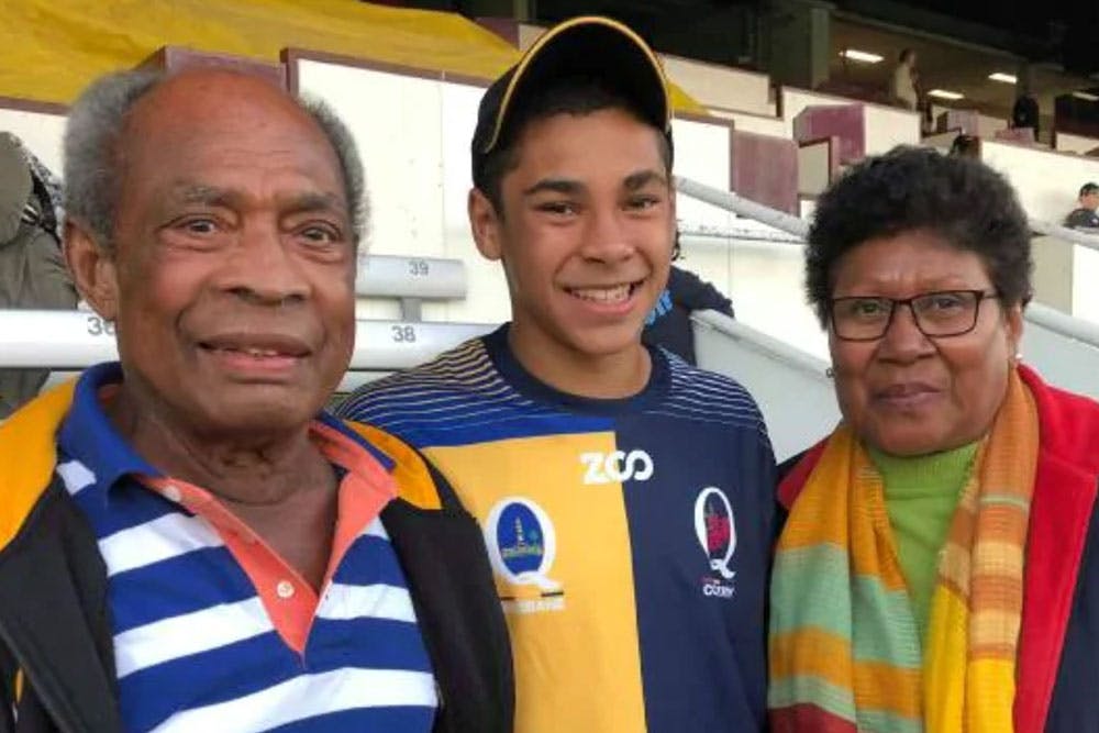 Taito Rauluni with his wife and grandson at Ballymore in 2018. Photo: Rauluni Family
